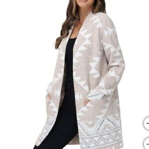 Frye Cozy Cardigan Sweater Open Front Sz M Aztec Western Boho Fall Tan & Cream‎